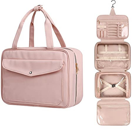 Trousse de Toilette Femme Voyage, Trousse Maquillage Portable, Trousse 4 Compartiments Iimperméable avec Volume Elevé, Organiseur de Maquillage Pliable, Trousse de Rangement, Makeup Bag, Rosa