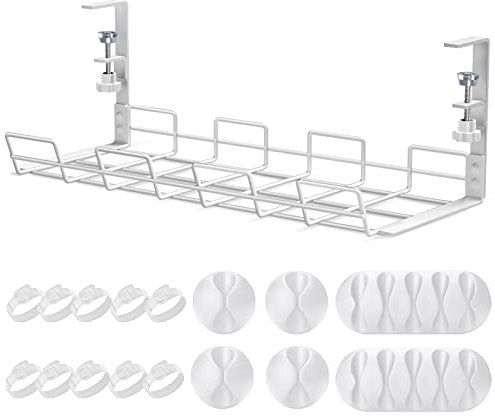 No Drill to Desk Cable Management Tray, 1 PCAK Cable Racks Under Desk Cable Organizer for Wire Management, Sturdy Metal Cable Tray Basket for Office and Home Standing Desk-White