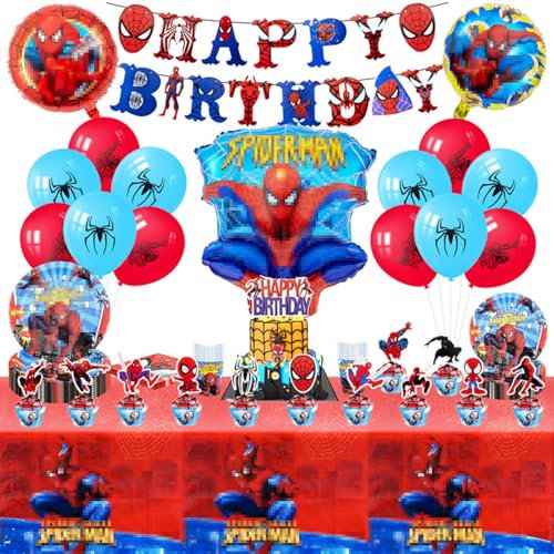 92 Stück Geburtstag Deko, Super Partygeschirr Set Kindergeburtstag Deko Enthält Teller Becher Tischdecke Cake Topper Luftballons Banner ,Party Geschirrset für 10 Personen