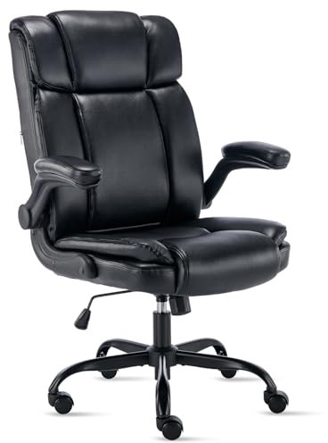 LIYURUI Chaise Pivotante Ergonomique avec Revêtement en Cuir PU Respirant, Accoudoirs Rabattables /110° Balancement, Chaise de Bureau/Ordinateur/Télétravail, Confortable Réglable en Hauteur, Noir