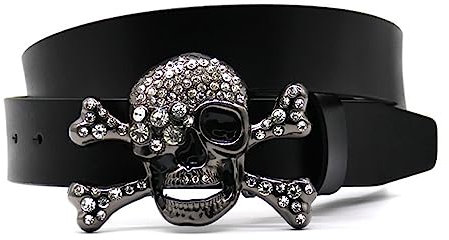 NALANY Punk Ledergürtel Für Damen/Herren, Mehrfarbig Kristall Bling Strassbesatz, Glänzendes Skull Skelett Totenkopf Schnalle Gotischer Gürtel(125cm/waist:43, Silver)