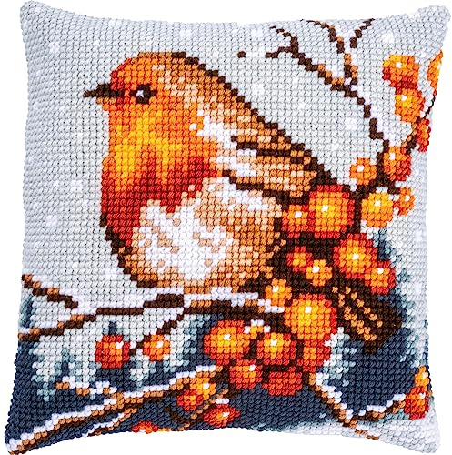 Vervaco Kreuzstich Stickpackungen Kissen Stickerei Set Anfänger Vorgedruckt Rotkehlchen DIY Set Kreativ Set Für Erwachsene Dekoratives Kissen ca. 40 x 40 cm Bastelset Handwerker Haus Dekoration