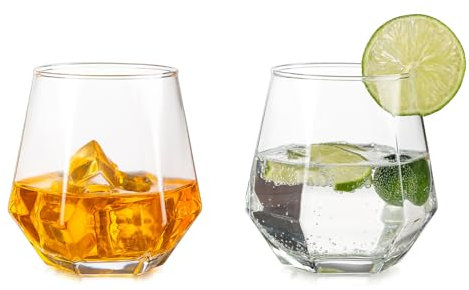 Inweder Drinking Glasses Set of 2 - Stemless Wine Glasses Au Vodka Glass Old Fashioned Whiskey Glasses Kraken Rum Glass Geometric Whisky Tumbler Gift Set for Men Birthday Fathers Day Anniversary