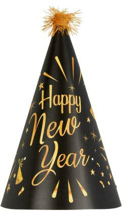 DECORAMI - celebrate happy times Silvester Partyhüte Happy New Year, 12 Stück, 2023, Silvesterhüte Schwarz Gold, Partyhütchen Silvesterparty