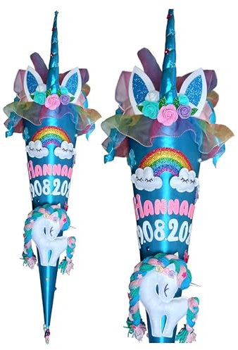 Blau, Türkis Stoff Schultüte Einhorn, Regenbogen.1 klasse Deutschland Schultasche,Zuckertüte,Mädchen Schultaschen