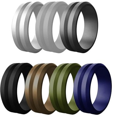 JewelryWe 7pcs Silikon Eheringe für Männer: 8mm Herren Gummi Hochzeit Bands Gummibänder mit Rille Sport Ringe Flexible Silikonringe Verlobungsringe Geschenke 7 Faben Set Größe 74