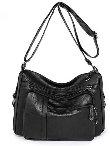 Ray-Velocity Damen Vintage Umhängetaschen, Schultertaschen mit Mehreren Taschen, Leicht Handtasche für Alltag Arbeit Einkaufen Reise (B, Schwarz)