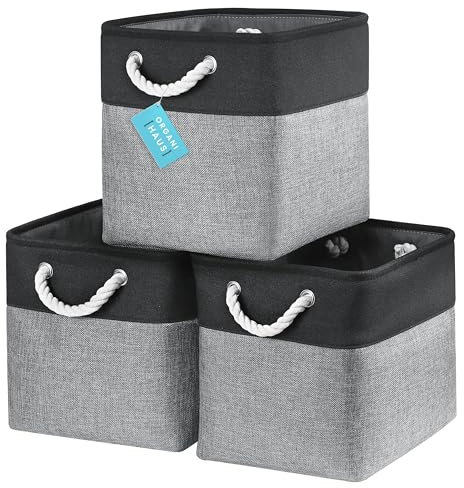 OrganiHaus 28x28 Cube Storage Bins Set of 3, Fabric Cube Baskets for Storage Shelves, Foldable Storage Cubes for Kallax Organizer Cube Bins w Rope Handles, Cubby Bins for Nursery Decor -Grey/Black