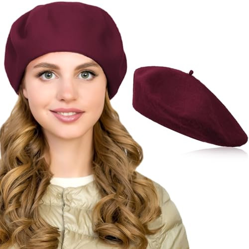 ertlutw Klassische Französischen Barett, Baskenmütze Damen, Plain Wolle Baskenmütze Damen, Barett Bordeaux, Künstler Mütze Mode Basken Rot für Frühling Herbst Winter 56-58cm