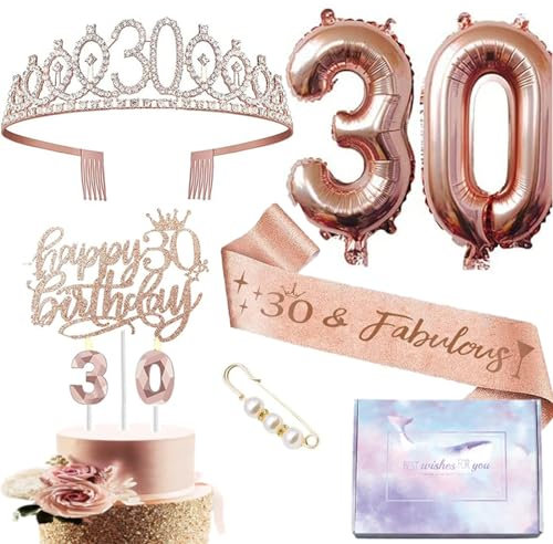30th Birthday Decorations,Rose Gold Birthday Crown Headband Sash for Women 30th Birthday Gifts,Sash and Tiara 30th Birthday Presents,Balloon,Cake Topper,Candle,Crown Pin for Happy 30 Years Old Party