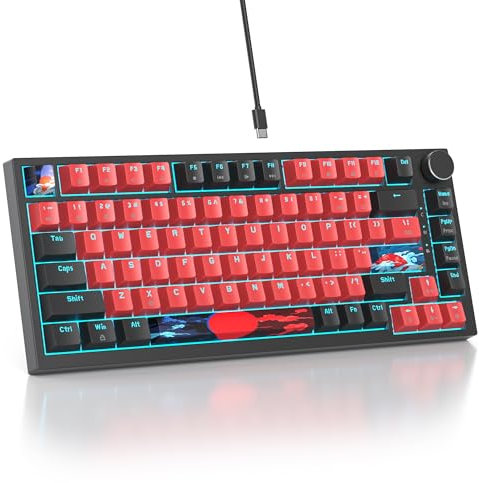 SOLIDEE mechanical keyboard wired 75 percent,Hot Swappable Keyboard,Gasket Structure RGB Backlit keyboard,82 Keys TKL Mechanical Keyboard,NKRO Compact Keyboard with Volume Control Knob(82 Black Red)