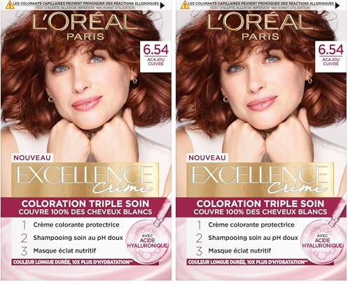 L'Oréal Paris - Excellence Crème - Coloration Permanente Triple Soin 100% Couverture Cheveux Blancs - Nuance 6,54 Acajou Cuivré (Paquete de 2)