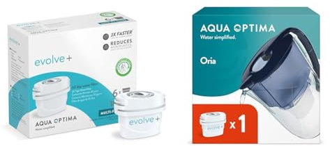 Cartuccia filtro acqua Aqua Optima, confezione da 6 (fornitura per 6 mesi), Evolve+ & Oria - Caraffa filtrante per acqua, 1 cartuccia filtrante Evolve+, capacità 2,8 l