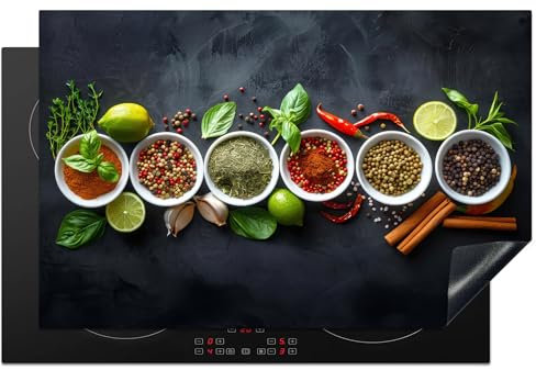 KitchenYeah© Herdabdeckplatte 80x52 cm Induktion Schutzmatte Küche Herdabdeckung Ceranfeld Induktionsmatte Cerankochfeld Abdeckung Kräuter - Gewürze - Betonoptik - Stilleben