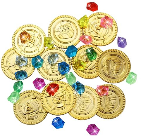 HAOYULUO 320 Stück Piratenschatz: 160 Edelsteine, 160 Goldmünzen für Kinder, Piraten Deko für Kindergeburtstag und Andere Piratenparty-Anlässe