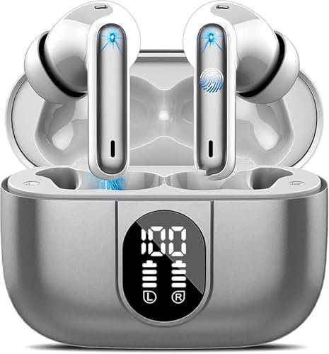 Wireless Earbuds, Bluetooth 5.3 Headphones In Ear with 4 ENC Noise Cancelling Mic, 40H Playtime Bluetooth Earphones, Mini Deep Bass Stereo Ear Buds, IP7 Waterproof Wireless Headphones, LED Display