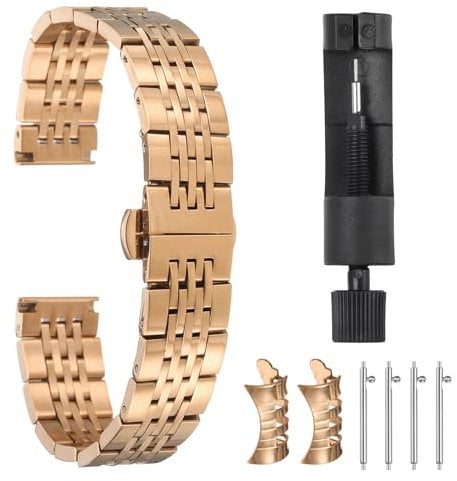 sourcing map Stainless Steel Watch Bands 16mm Double Pressing Butterfly Clasp Metal Solid Steel Chain Watch Strap Replacement Fits Smart Watch for Men Women, Rose Gold