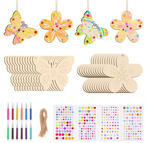 Bastelset Schmetterling Blume, Schmetterlinge Basteln Kinder, Mit Aquarellstift, Edelsteinaufkleber, Schnur, Holz Bastelset für DIY Kindergeburtstag