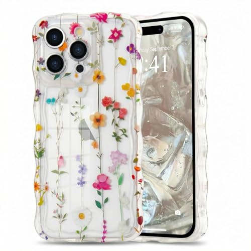 Micoden for iPhone 15 Pro Case Clear with Flower Floral Anti-Yellowing | Cute Curly Wave Frame,Soft TPU Slim Bumper,Shockproof Anti-Scratch Protective Wavy Cover for Girls Women-Yellow
