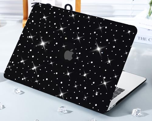 KEROM Glitter Case for MacBook Air 13 inch 2025-2022 M4 M3 M2 A3240 A3113 A2681, Luxury Bedazzled Shiny Bling Sparkle Textured PU Leather Hard Shell & Keyboard Cover for MacBook Air 13.6 inch, Black