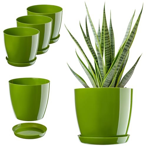 KADAX Lot de Pots Avec Soucoupe - Bac à Fleurs Rond en Plastique Pour l'Intérieur et Plantes d'Intérieur, Pot à Herbes Aromatiques (Set 3 : 23 cm, Vert)