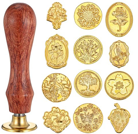 12pcs Gold Wax Seal Stamp Kit, Wax Letter Seal Set with Removable Wooden Handle, Waxs Envelope Seal Stamp Kit for Wedding Letter Encapsulation Greeting Cards Presents Decoration Items