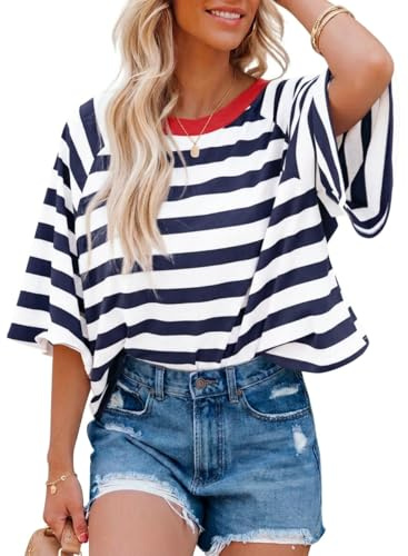 Chicrise Oversized T Shirts for Women Summer Striped Color Block Tops Crew Neck Short Sleeve Loose Casual Blouses