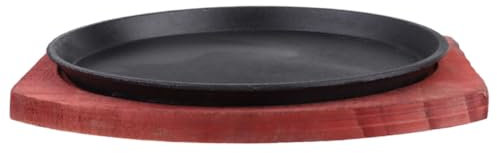 BESPORTBLE Cast Iron Griddle Fajita Skillet Set Sizzling Steak Plates for Eating Wooden Base Non Stick Home Cooking BBQ Grill Pan