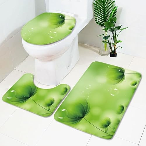 Bad Teppiche Set Dandelion Grün Badezimmerteppich Waschbar WC Vorleger mit Ausschnitt und WC Deckelbezug 3 Teilig Badematte rutschfest Toilettensitzbezug Badgarnitur 45x75 cm