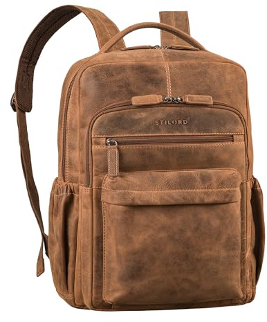 STILORD Hiro Rucksack Herren Arbeit Leder Damenrucksack Modern Groß - Laptoprucksack 15.6-16 Zoll Arbeitsrucksack für Büro Reise Uni - Herrenrucksack aus Echtleder Farbe:Bergamo - braun