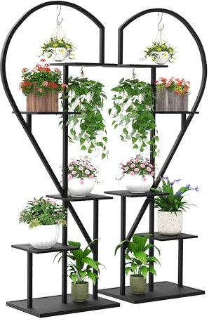 Ribelli 5-stufiger Metall-Pflanzenständer in Herzform 170 cm, Pflanzenregal mit 5 Ablagen & 4 Haken, Hoch Blumenständer Pflanzentreppe mit Kippschutz für Balkon Wohnzimmer Terrasse, Schwarz