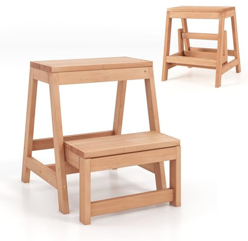 COSTWAY Escabeau 2 Marches, Marche Pied Pliable 3 en 1, Tabouret Enfants et Adultes, Bois de Sapin Naturel, Structure en H, Jardiniere Balcon, Charge 250 kg, 50 × 39 × 45 cm, Naturel