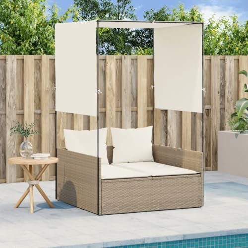 Xichuzi Doppel-Sonnenliege mit Dach und Vorhängen Beige Poly Rattan, Gartenliege, Liegestuhl, Sonnenstuhl, Sonneninsel Outdoor, Liegen, Gartenmöbel, Bäderliege, Relaxliege - 4002759