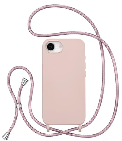 ZTOFERA Crossbody Lanyard Case for iPhone 16e (6.1), Liquid Silicone Protective Phone Case with Strap Adjustable Neck Cord Necklace Soft Cover for iPhone SE (2025), Pink