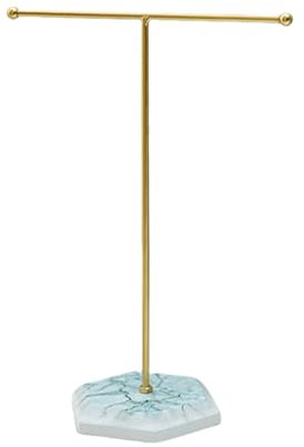 T Shape Necklace Stand,Jewellery Holder Organizer,Display,Jewelry Organiser,Necklaces Earring Storage,T-Bar Hanging Pendant Rack with Marble Pattern Tray,for Bracelets Rings Watches Keys (Gold)