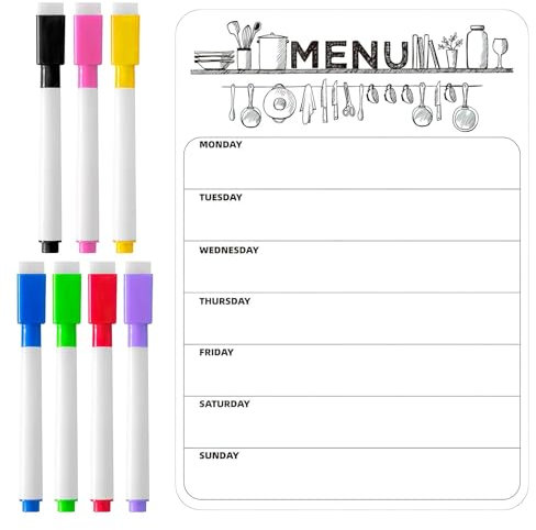 Magnetic Weekly Planner A4 with 7 Coloured Pens, Reusable Meal Planner Board and Magnetic Whiteboard for Fridge, Dry Erase Weekly Planner Whiteboard for Notes Shopping Lists and Reminders