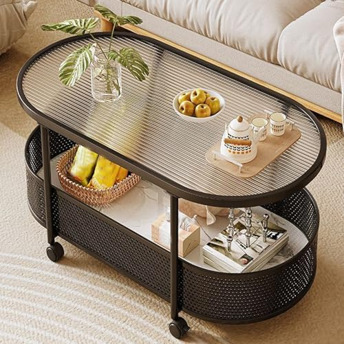 Table Basse De Salon avec Plateau Ovale en Verre Trempé De 4 Mm Et Panier De Rangement Table D'Appoint Roulante Design Moderne 50cm De Hauteur, 2 Niveaux De Stockage(Black,80 * 40 * 50cm)