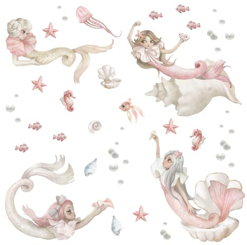 Wally Fox - Wandsticker Kinderzimmer Deko - Wandtattoo Babyzimmer - Kinderzimmer Deko Mädchen Wanddeko - 47 Aufkleber - Blau, Rosa, Lila, Grau, Meerjungfrauen L