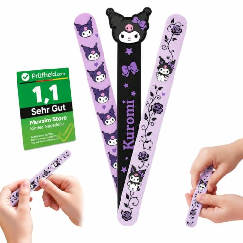 Kuromi Nail File 3 Pcs – 180/240 Grit Double Sided Emery Board for Teens & Adults – Nail Files for Acrylic, Gel & Natural Nails – Professional Manicure Tool for Salon & Home Use