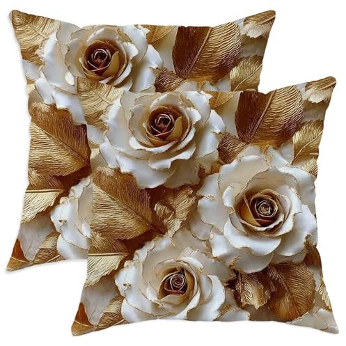 Elegant Rose Decorative Pillow Covers Set of 2, Gold Floral Design Throw Pillows, Ideal for Holiday Home Decor, Luxury Style for Couch Bed Sofa 18x18 Inch