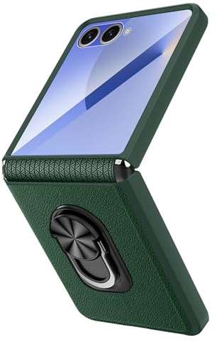 LUOTANL Bisagra Funda para Samsung Galaxy Z Flip 7, Pequeño Protector De Pantalla, Carcasa con Soporte De Anillo, Cuero Elegante Delgada Estuche,Verde,Flip 7