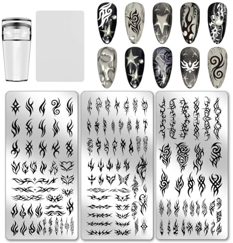 PH PandaHall 3 Stück Nagel Stempelplatten Im Tribal Stil Wirbelmuster Nagelkunst Schablone Gotische Maniküre Kunstvorlagen Flammen Schmetterlings Nägel Stempelplatte Für Frauen DIY Maniküre Salon