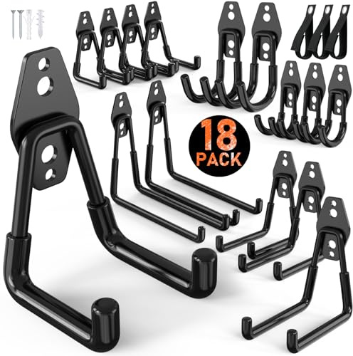 Housolution Ganchos de Acero, 18 Pcs, Negro | Antideslizante con Revestimiento Antideslizante,Ganchos Pared con Organizador de cables para Bikes, Herramientas, Escaleras