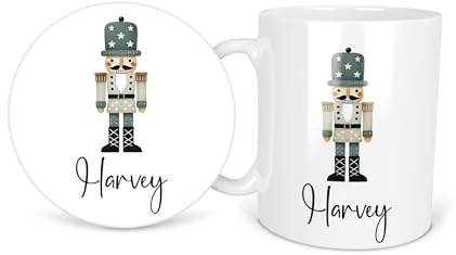 Navy Blue Nutcracker Beige Kids Chirstmas Xmas Name Personalised Personalized Ceramic Coffee Mug 11oz Durham Tea Mug Gift Set Round Square Coaster Cup Handle Dishwasher Safe Custom Printed Design