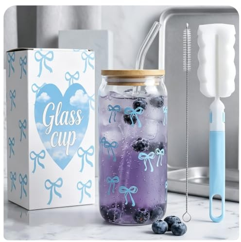 Guilinone Blue Bow Glass Cup with Lid and Straw, 16 oz Glass Tumbler with Bamboo Lid, Reusable Glass Cup for Iced Coffee, Matcha, Bubble Tea & Smoothies, Cute Aesthetic Drinking Glass