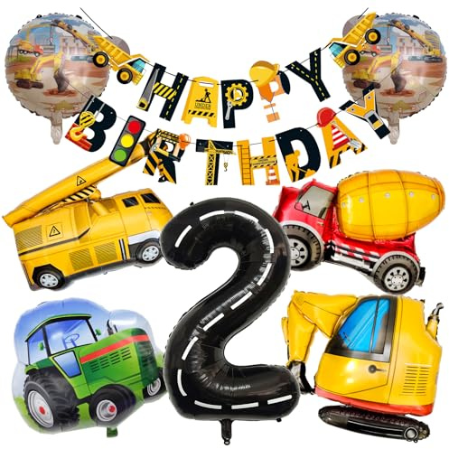 Bagger Deko Kindergeburtstag 2 Jahre–8 PCS Baustellen Geburtstag Deko Set in Schwarz Gold mit Happy Birthday Banner, 40 Zoll Zahl 2 Folienballon, Baggerballons für Jungen und Mädchen Babyparty Dekor