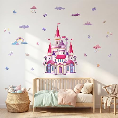 Wandtattoo Prinzessinnenschloss Regenbogen Lila Rosa Selbstklebend Wandsticker PVC für Mädchen Kinderzimmer Schlafzimmer Kindergarten (Schloss, Helle Farben)