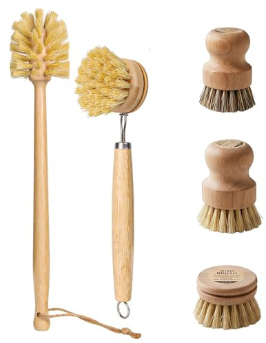 Juego de 5 Cepillos para Platos de Bambú con Cepillo para Botellas de 14 Pulgadas, 2 Cabezales de Repuesto, Cepillo para Vajilla - Cerdas Naturales, Reutilizable para Ollas, Sartenes, Fregaderos