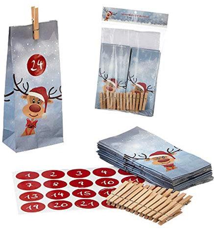 Adventskalender Befüllen Bastelset Rentier 24x Papiertüten Aufkleber Zahlen 72tlg. Wäscheklammern