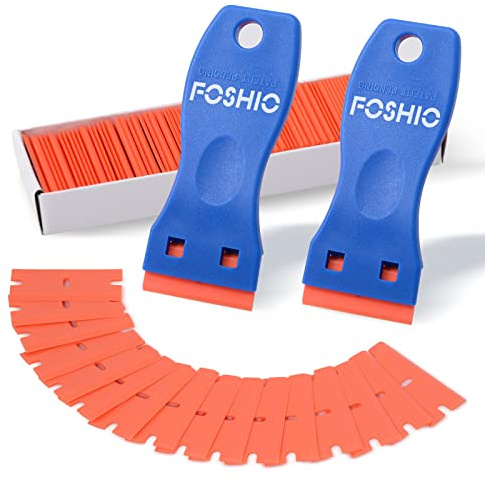 FOSHIO Plastic Razor Blade Scraper Include 2PCS Scraper Tool and 100PCS Blades for Gasket Remover, Labels Decal and Adhesive Remover for Windows and Glass